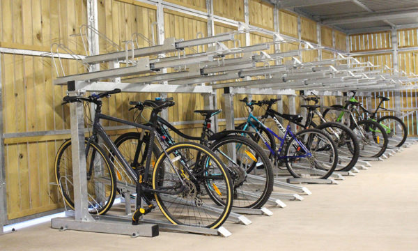 Bike parking cycle hub with two tier bike racks - Deakins Place, University of Nottingham
