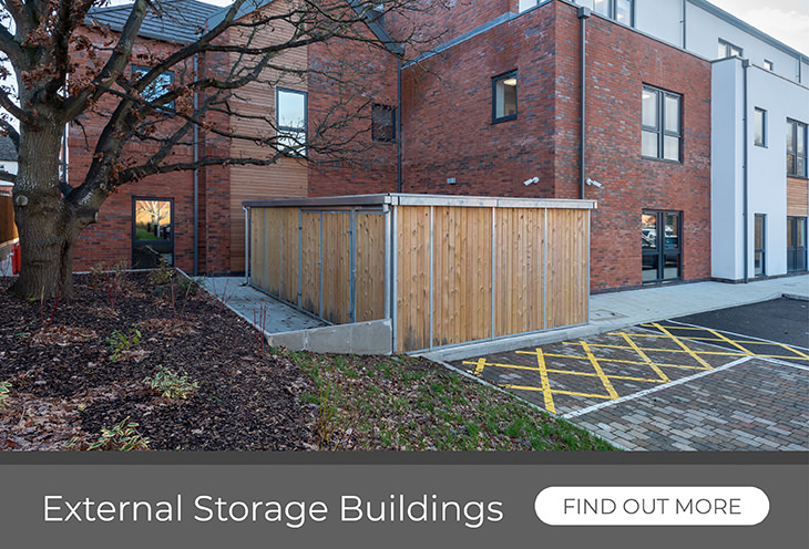 External storage buildings for medical centre providing storage for dental waste, recyclables & cycle storage